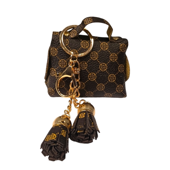 Chic Brown Patterned Keychain Bag with Gold Details - Picture 3 of 10